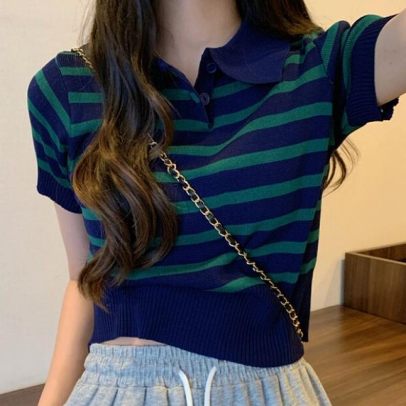 Shop Women Stripe Collar Short Sleeve Knit Won Wkn Wfab552