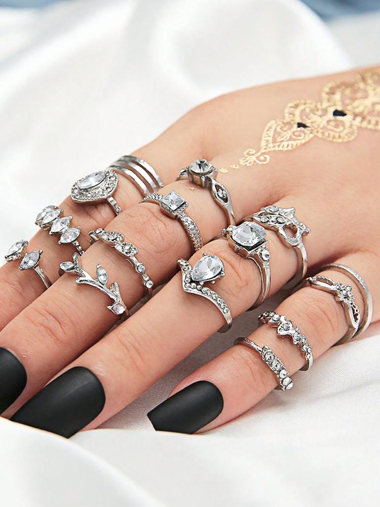 15pcs/Set Knuckle Water Drop Hollow Rhinestone Heart Design Open Rings Vintage Silver Color Women Ring Valentines Jewelry Gifts