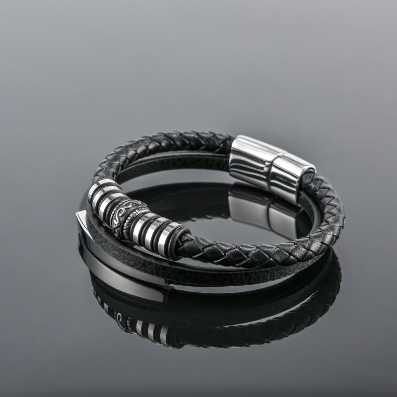 Mens Geometric Stainless Steel Pendant Leather Braided Bracelet Adjustable Wristband Cycling Outdoor Adventure