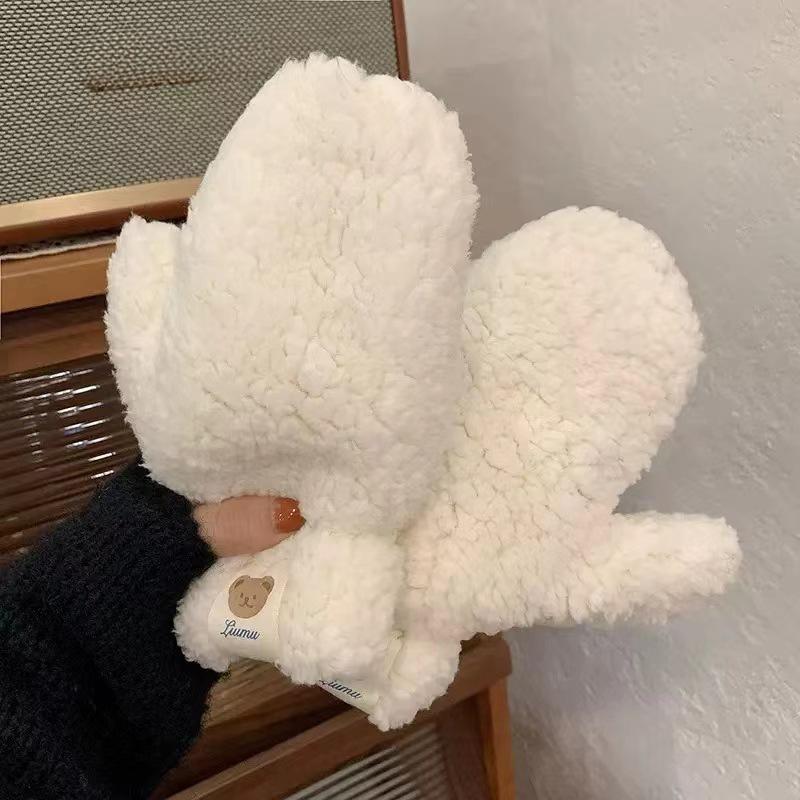 Winter Lamb Wool Bear Mittens Female Neck Cute Student Fleece Thickened Warm and Cold