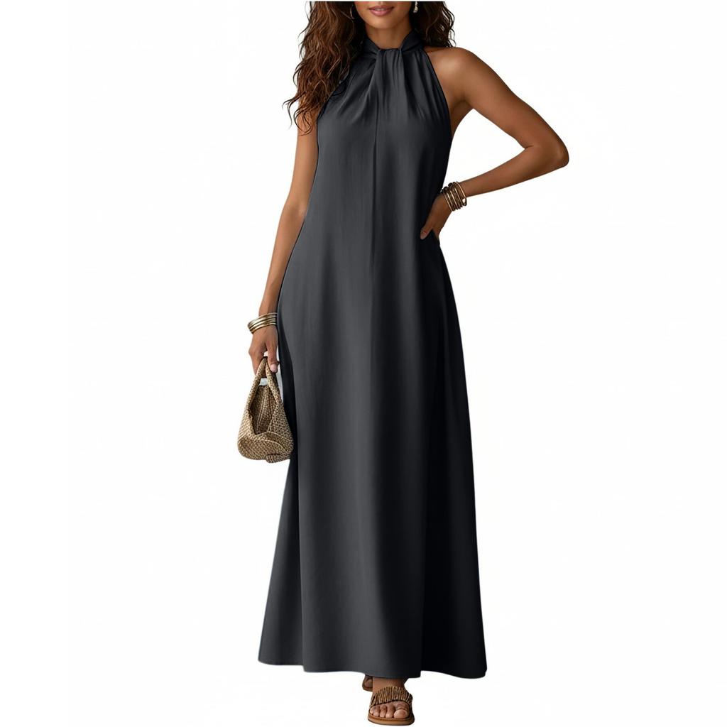 Women Summer Beach Casual Off Shoulder Sleeveless Cross Style Maxi Dress Lightweight Loose Fit Long Dress for Outdoor