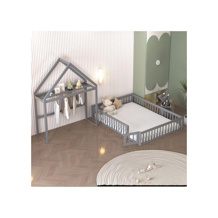 Lit de bébé 140 x 200 avec espace de rangement, rails de sécurité intégrés, porte et sommier à lattes, gris