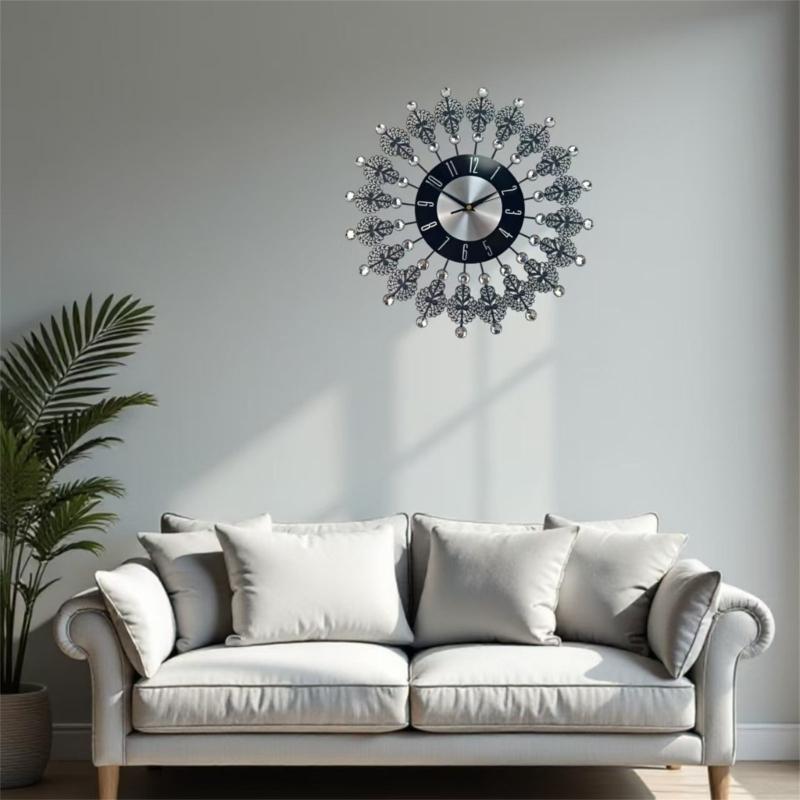 Crystal Leaves Wall Clock None-Ticking Silents Battery Operated Clocks Decorative Wall Clocks for Living Room Decors