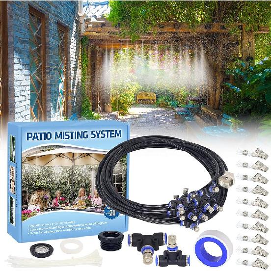 Tesmotor Misting System for Outside Patio, 59FT Misting Line + 21 Brass Nozzle Outdoor Misters for Cooling, Misting System for Patio Garden Lawn Pool 49FT