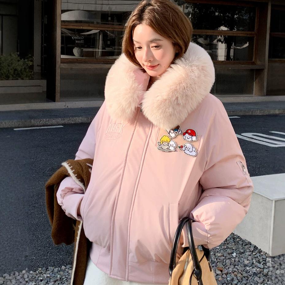 Winter cartoon patch cotton clothes women's hooded big fur collar short thin warm jacket