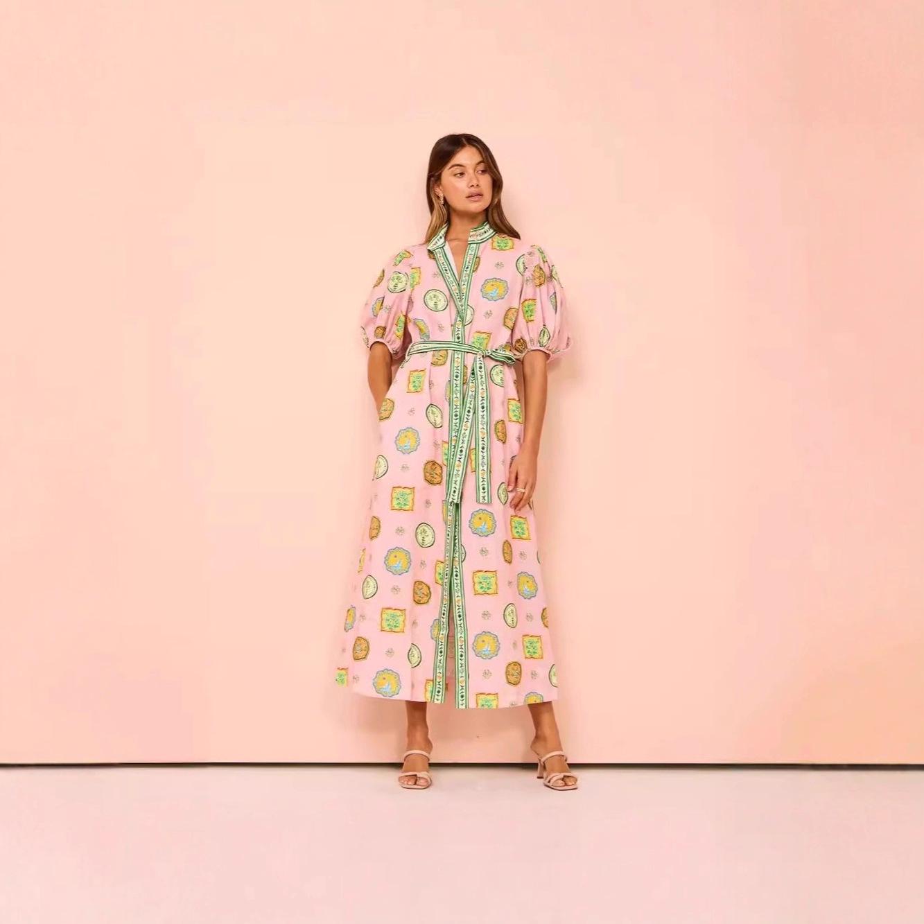 

2025 Cross-Border Casual Fashion Linen Print Lace-Up Cardigan Dress Medium розовый