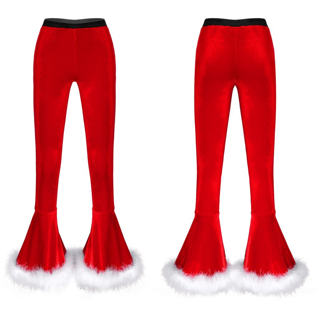 Women's Velvet Christmas Cosplay Faux Fur Adorned Elastic Waist Flare Leg Long Pants Trousers
