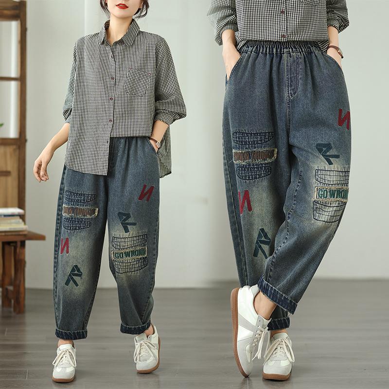 DIMANAF 2025 Nowe Podstawowe Elastyczne Dżinsy Spodnie Harlen Damskie Luźne Dżinsowe Spodnie Duże Casualowe Niebieskie Spodnie 5021