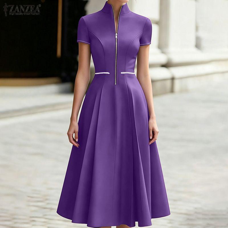 ZANZEA Women Casual Zipper Stand Collar Summer Short Sleeve Dress