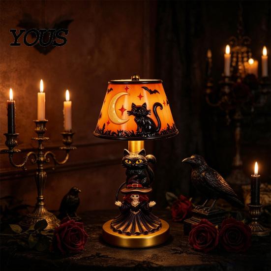 Non Dazzling Bedroom Lamp Halloween Vintage Table Lamp, Retro Resin Pumpkin Skeleton Black Cat Decorative Night Light, Gothic Bedside for Living Room