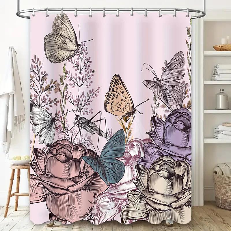 Luxurious Floral Butterfly Bath Curtain with 3D Printing Design for Bathroom Decor Elegant Shower Curtain Set In Pink Color (250