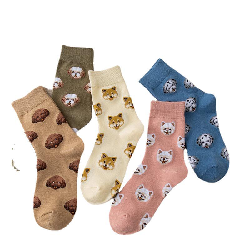 Korean Style Women's Cartoon Dog Cotton Mid-Calf Socks - Autumn/Winter Trendy Creative Japanese Long Socks