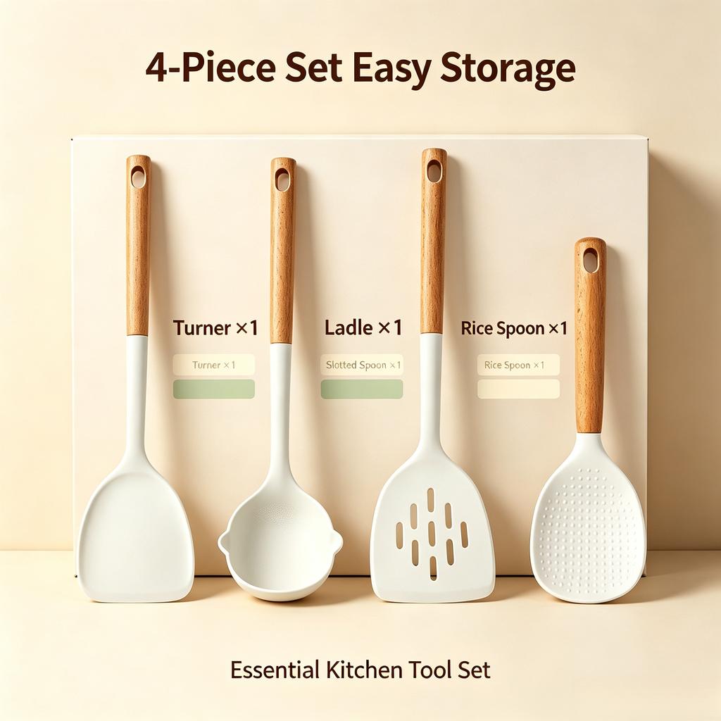 Food Grade Silicone Kitchen Utensils Set Beech Wood Handle Heat Resistant Non-Stick Cookware Spatula Spoon Whisk Tongs