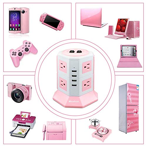 Micshion Tower-Style Power Strip with 2 Bipolar Switches, 8 AC Outlets, 4 USB Ports (4.5A/5V), 1500W, 100V-125V Input, Fast Charging, Lightning and Ov