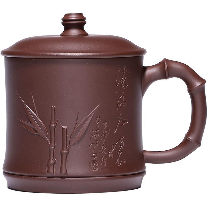 Yixing Handmade Purple Clay Tea Cup with Lid, Large Capacity, Bamboo Design