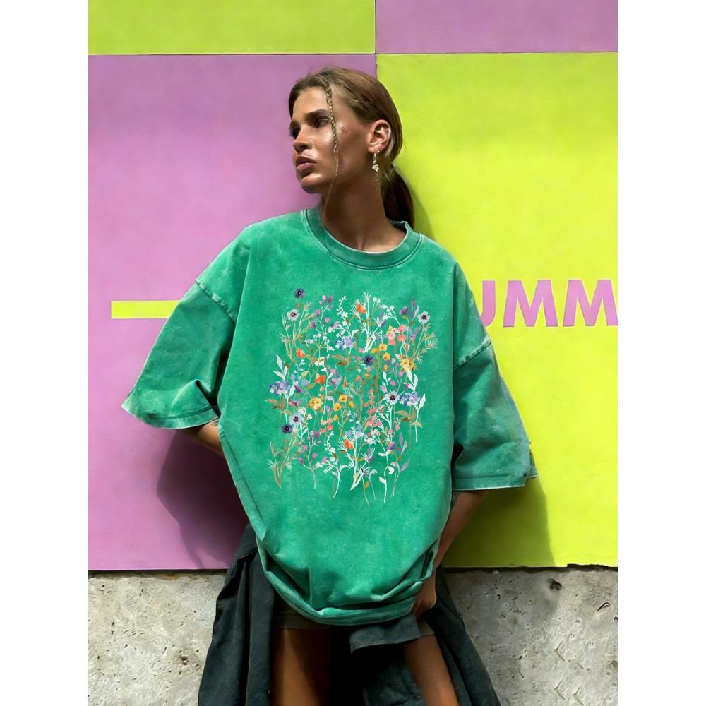 A Beautiful Sea Of Flowers Print Washed T Shirt Women Cotton Clothes O-Neck Casual T-Shirt Loose Summer Short Sleeves