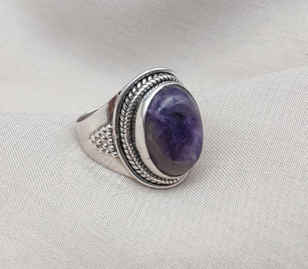 Natural Charoite 925 Sterling Silver Ring: Handmade Boho Gemstone Jewelry