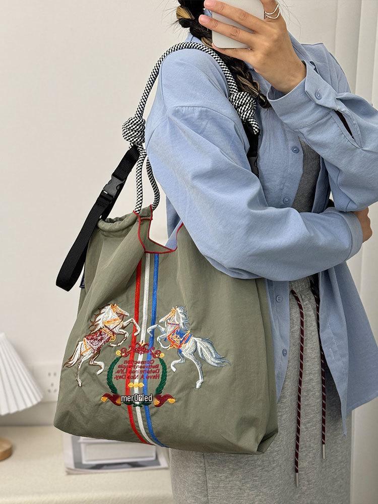 Large Capacity Women's Embroidered Foldable Tote & Crossbody Nylon Handbag