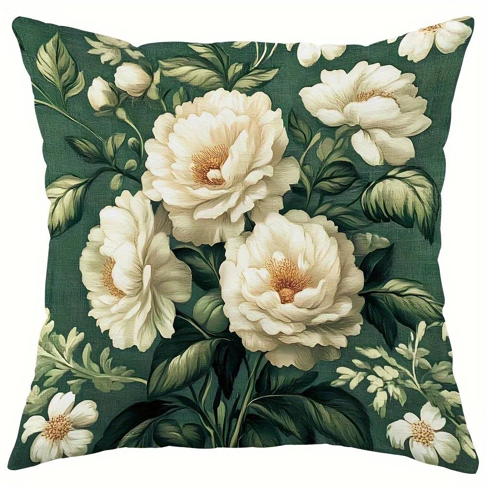 Vintage Green Floral Pillowcase D Flat Printed Peach Skin Cushion Cover Elegant White Peony Sofa Bed Home Decor Living Room