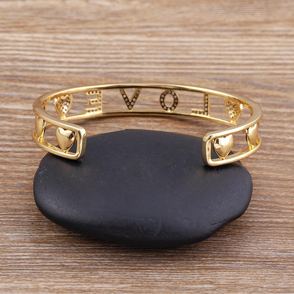 Nidin Romantic Love Letters Gold Color Bangle AAA Zircon Fashion Alphabet Charms Open Adjustable Jewelry Women Anniversary Gift