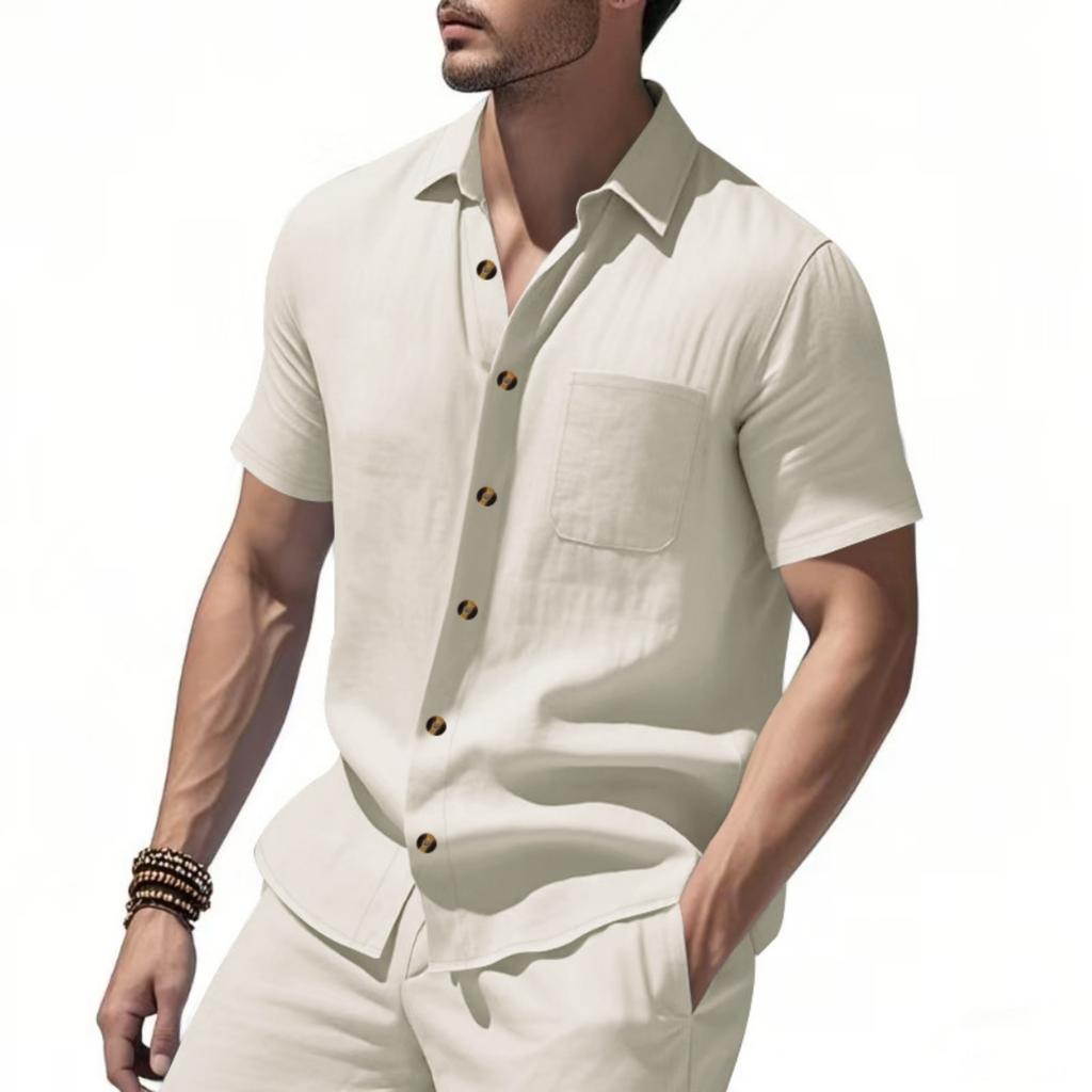 Men's Casual Business Short-Sleeve Shirt - Plus Size Collared Solid Color Pocket Button-Down Shirt