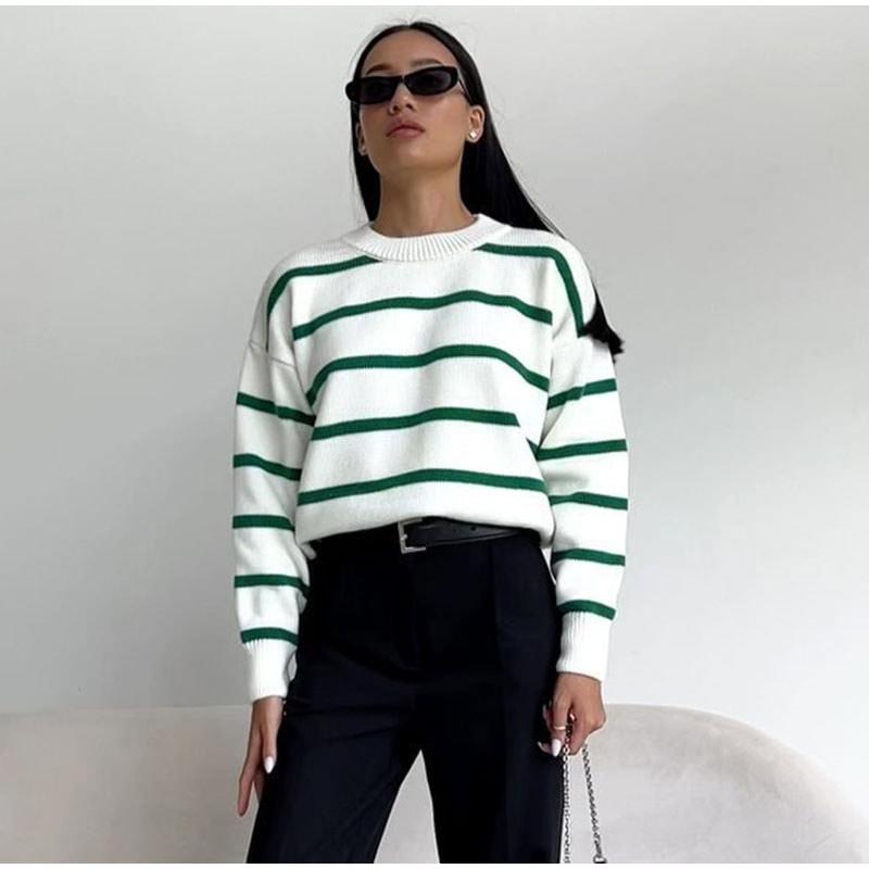 Winter Autumn Loose Round Neck Striped Knitted Pullover Women Long Sleeve Casual O-neck Sweater
