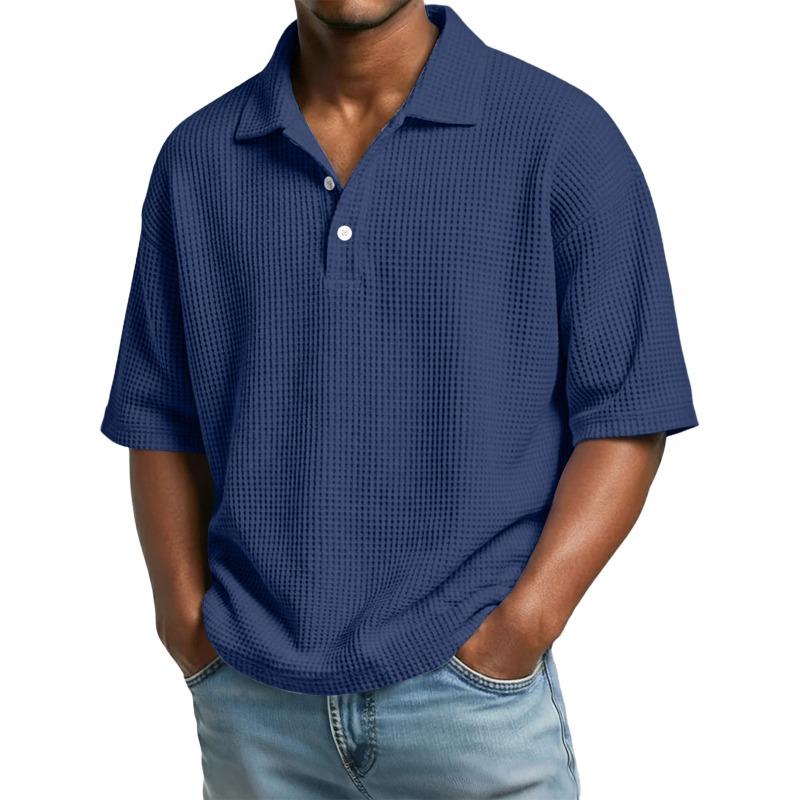 Men Waffle Knit Solid Color Short Sleeve Casual Loose Fit Polo Shirt