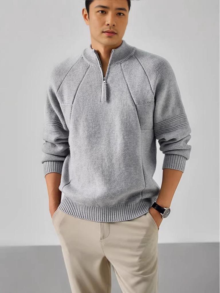 Men's Retro Jacquard Half-Zip Knit Sweater - Solid Color, Versatile, High Weight Layer for Autumn & Winter Casual Wear
