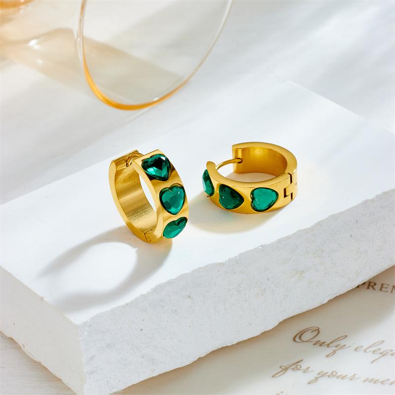 Gold Plated Green Heart Cubic Zirconia Hoop Earrings for Women Stainless Steel