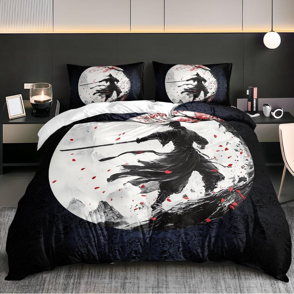3pcs Japanese Samurai under Moon 3D Printed Bedding Set Cozy Duvet Cover King Queen Twin Size Birthday Gift Bedroom Decoration