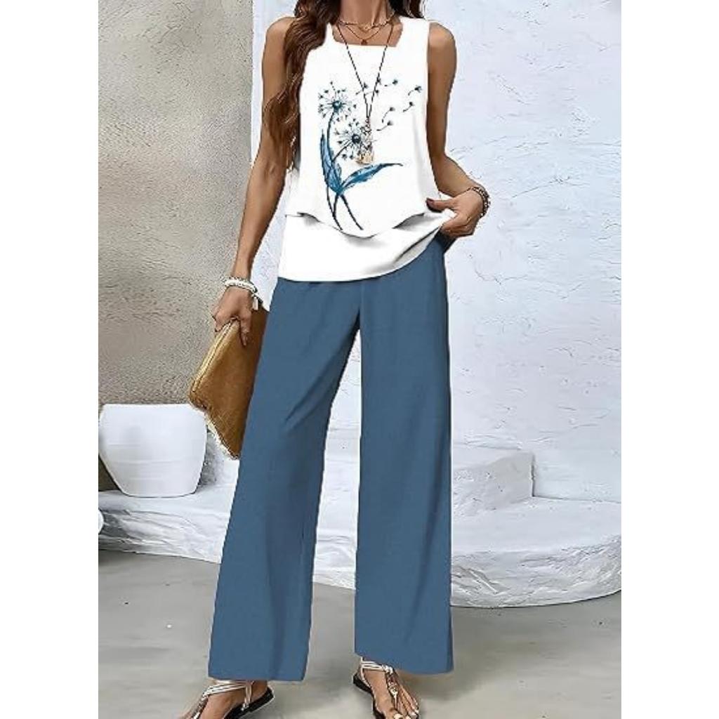 Vestă fără mâneci cu gât pătrat, cu strat dublu, cu imprimeu cu dungi texturate de plante în stil nou, pantaloni drepți, costum vestă lejer și confortabil