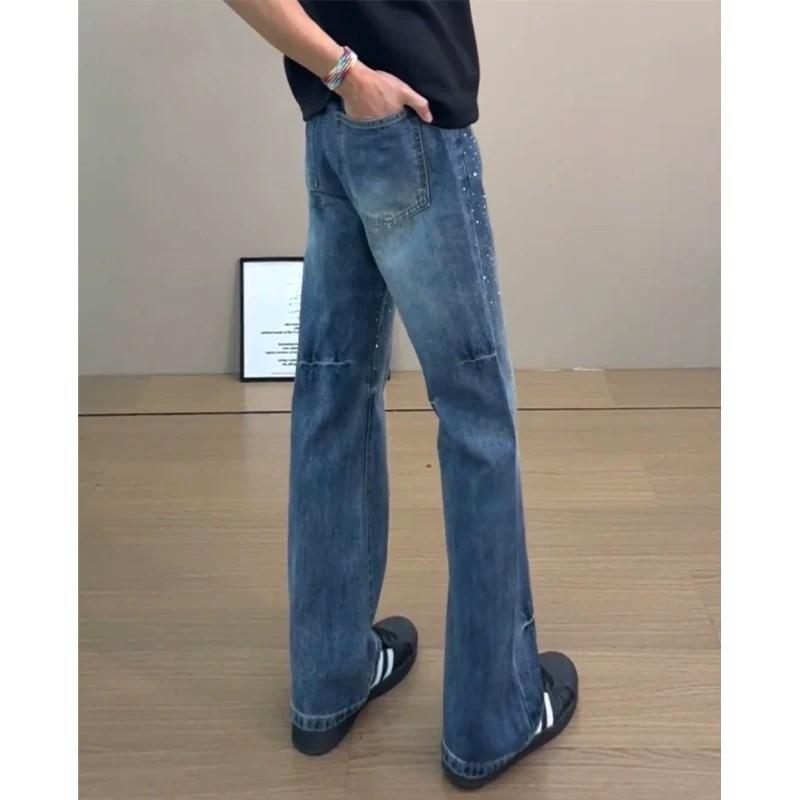Mens Blue Denim Jeans Washed Lightning Slim Straight Leg Streetwear Style Casual Pants