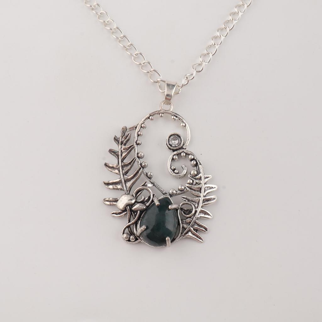 Natural Moss Agate Gemstone 925 Sterling Silver Women Jewelry Unique Design Pendant 1.8'' For Gift CP-42-24