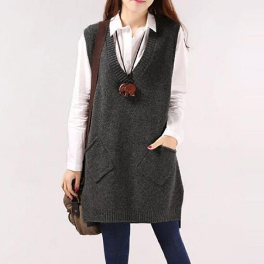 NaVaVa Women Loose Fit Pocket V Neck Knit Vest Nk3582