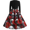 2021 Halloween Skull Print V-Neck Burnout Long-Sleeve Flared Dress with Ribbon