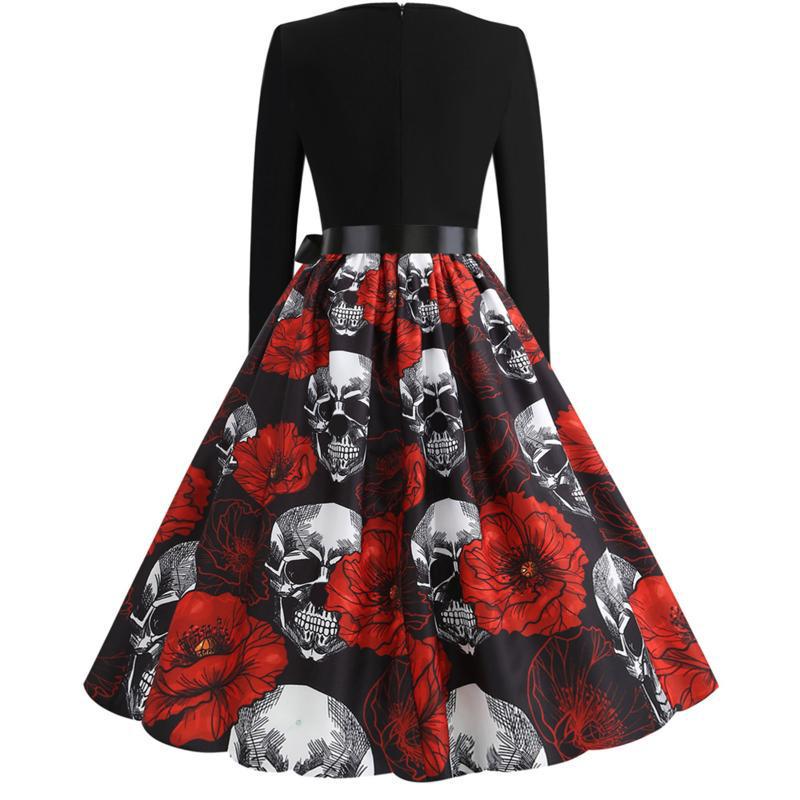 2021 Halloween Skull Print V-Neck Burnout Long-Sleeve Flared Dress with Ribbon