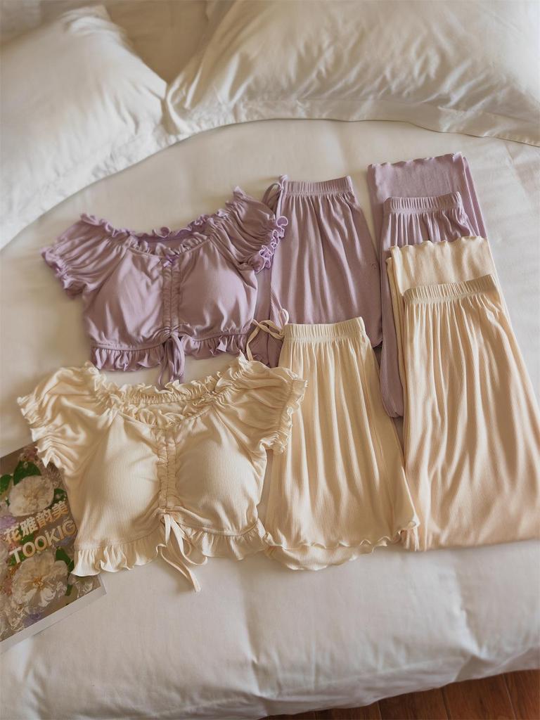 Women's Summer Puff Sleeve Modal Pajamas Set with Integrated Breast Pads - Sexy Pure Desire Homewear