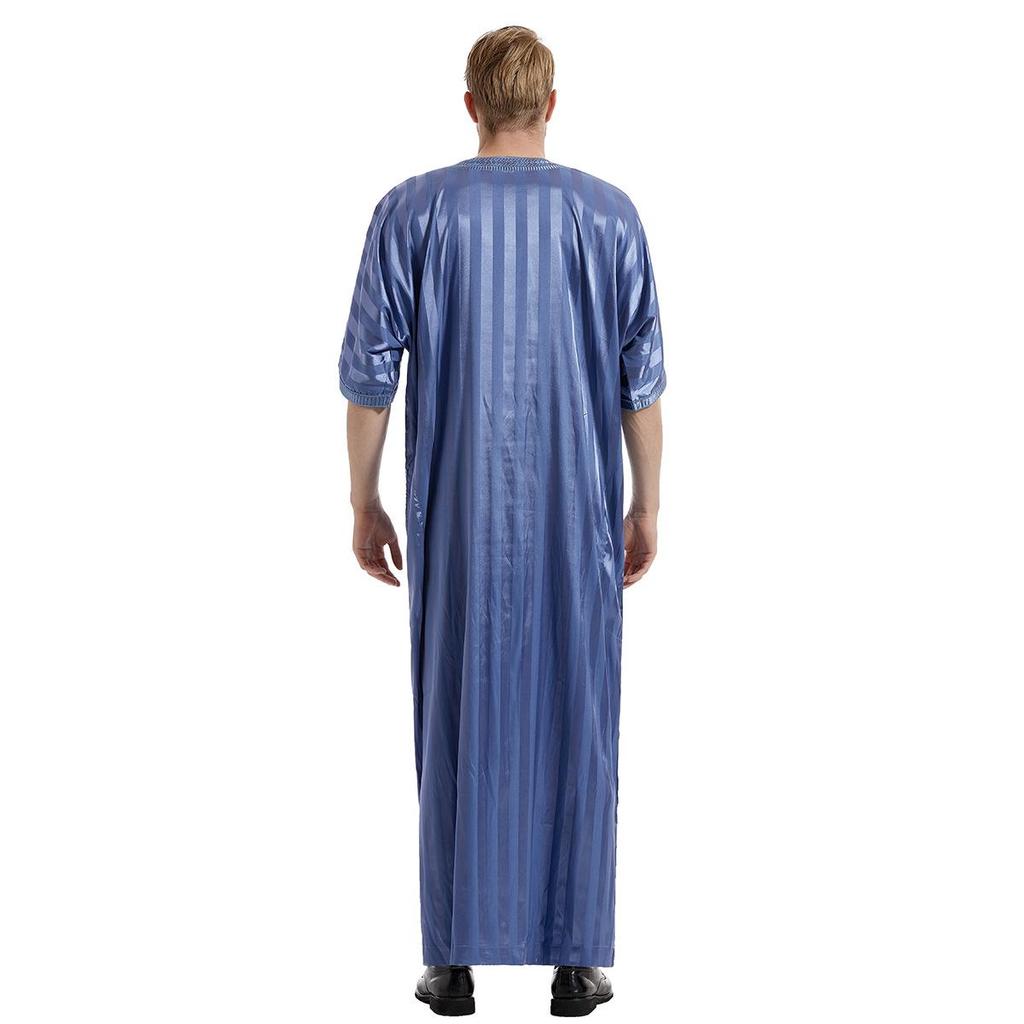 Men's Embroidered Striped Mid-Sleeve Robe – Ethnic Short Sleeve Style