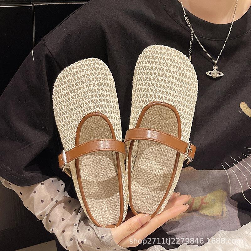 Baotou half slippers women's outer wear 2025 summer new breathable woven flat bottom pedal with skirt Roman sandals