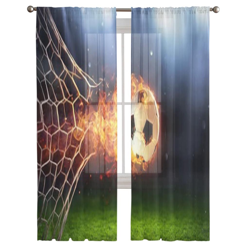 Abstraktes Fußballfeld mit Tornetz und feurigen Flammen auf Gras, transparente Tüllvorhänge für Wohnzimmerdekor, Voile-Organza-Vorhang