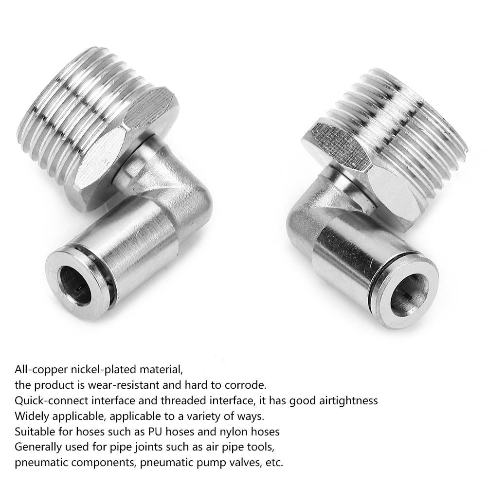 2Pcs All Copper Nickel Plated 6mm Pneumatic Quick Connector+90 Degrees BSPP Male Thread(12"")