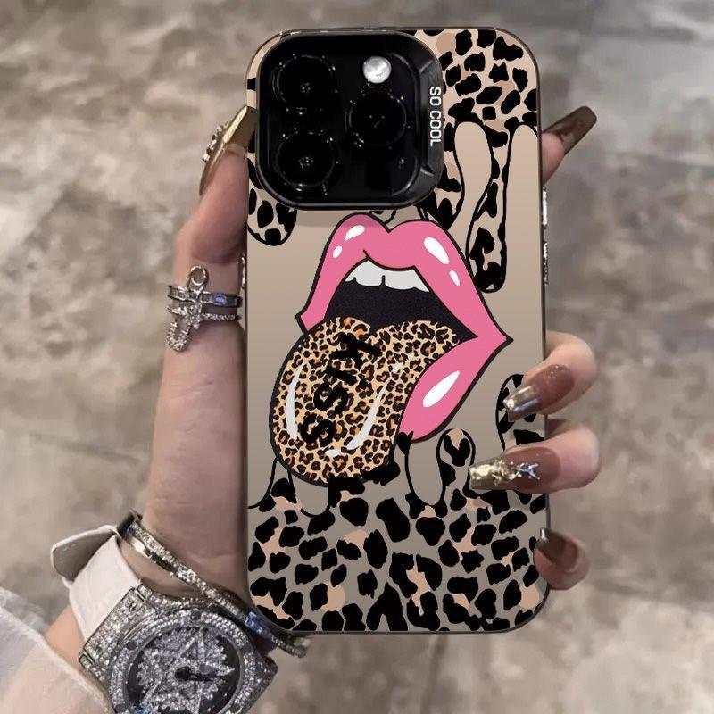 Red Lip Phone Case For iPhone 16 15 14 13 12 11 mini Pro Max X XR XS 8 7 Plus Anti Fall Matte Back Lip Leopard Print Cover