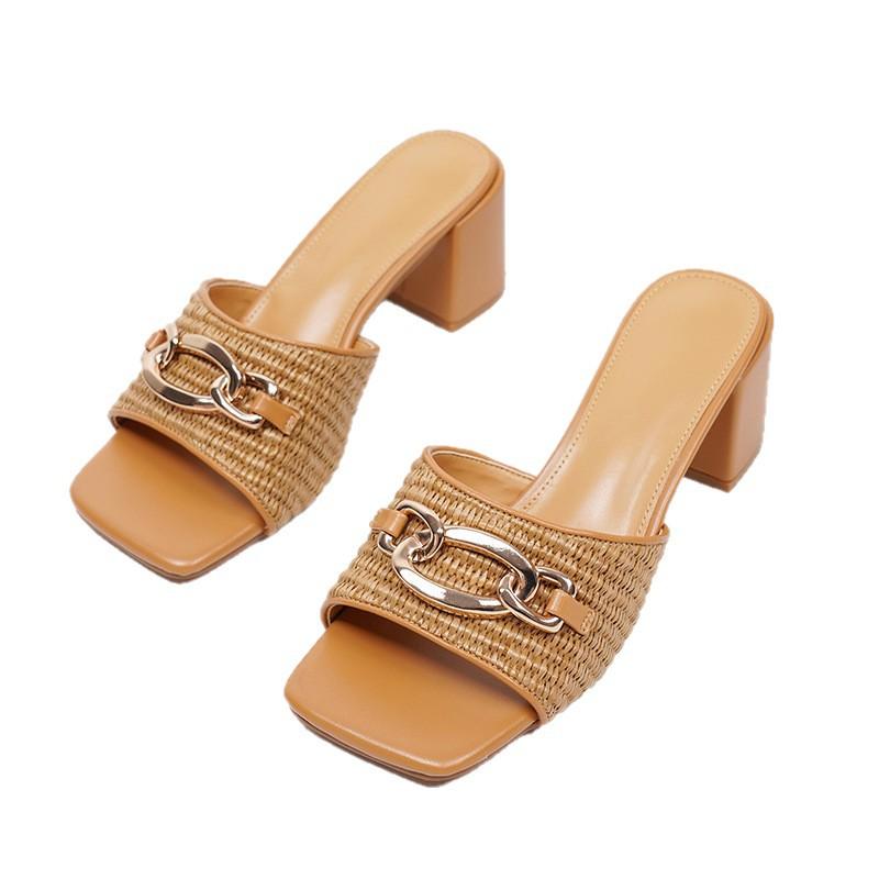 Hot-selling New Thick Heel Fashion Grass Weaving Decoration Holiday Beach Word Medium High Heel Cool Slippers Women's Shoes