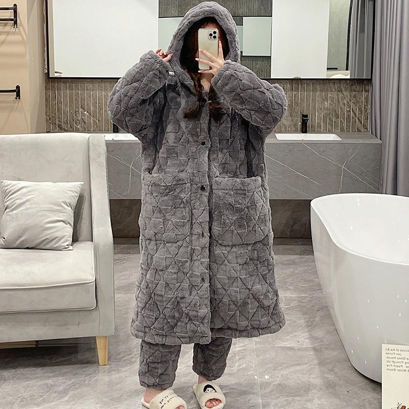 

PLUS SIZE Длинный халат с капюшоном, пижама из хлопчатобумажной фланели, парный пижамный комплект, зимняя свободная домашняя одежда, утепленная теплая ночная рубашка M