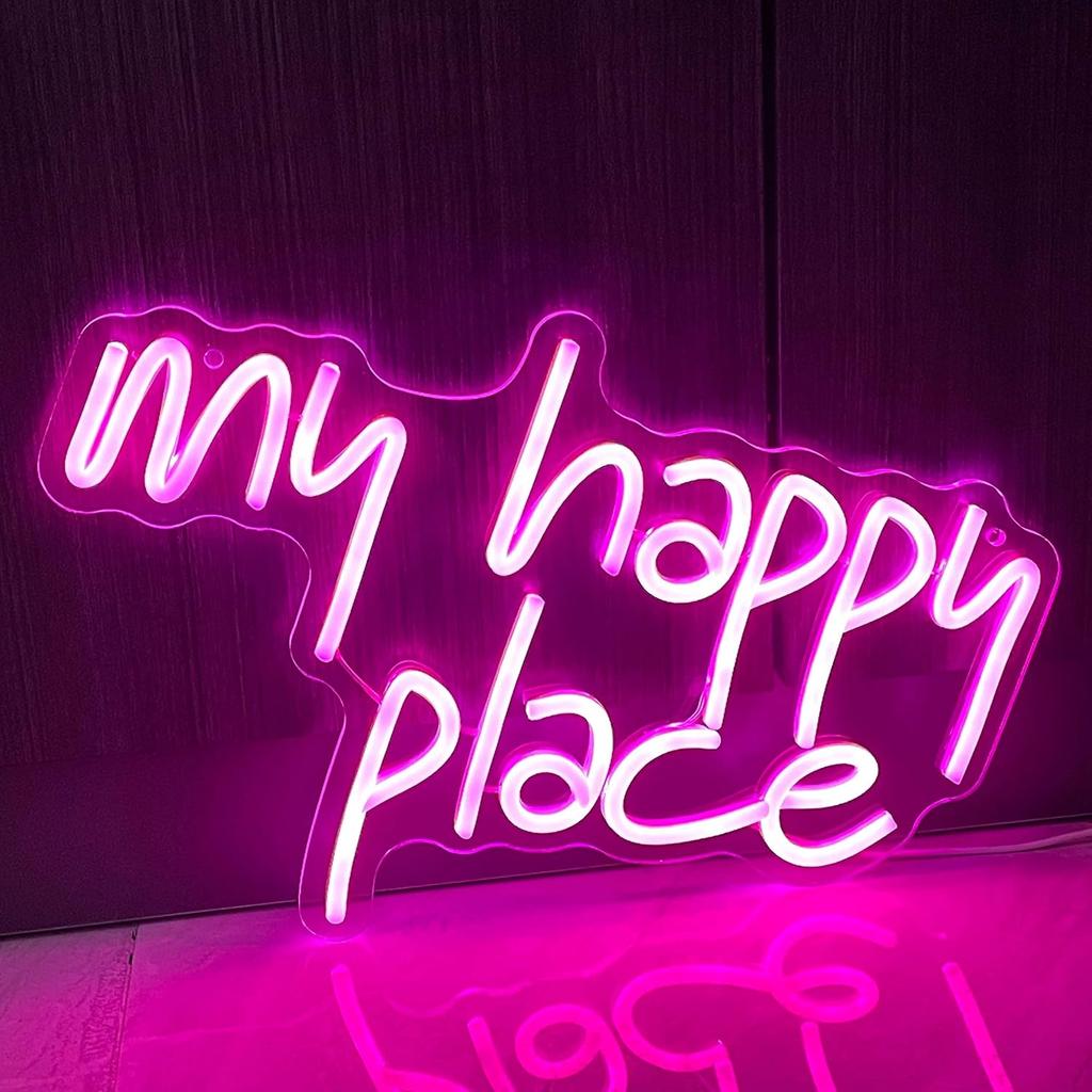 GGK My Happy Place Neon Sign LED Light up My Happy Place Sign for Wall Decor Pink Neon Lights Neon Letters Room Aesthetic Accessory (My happy place)