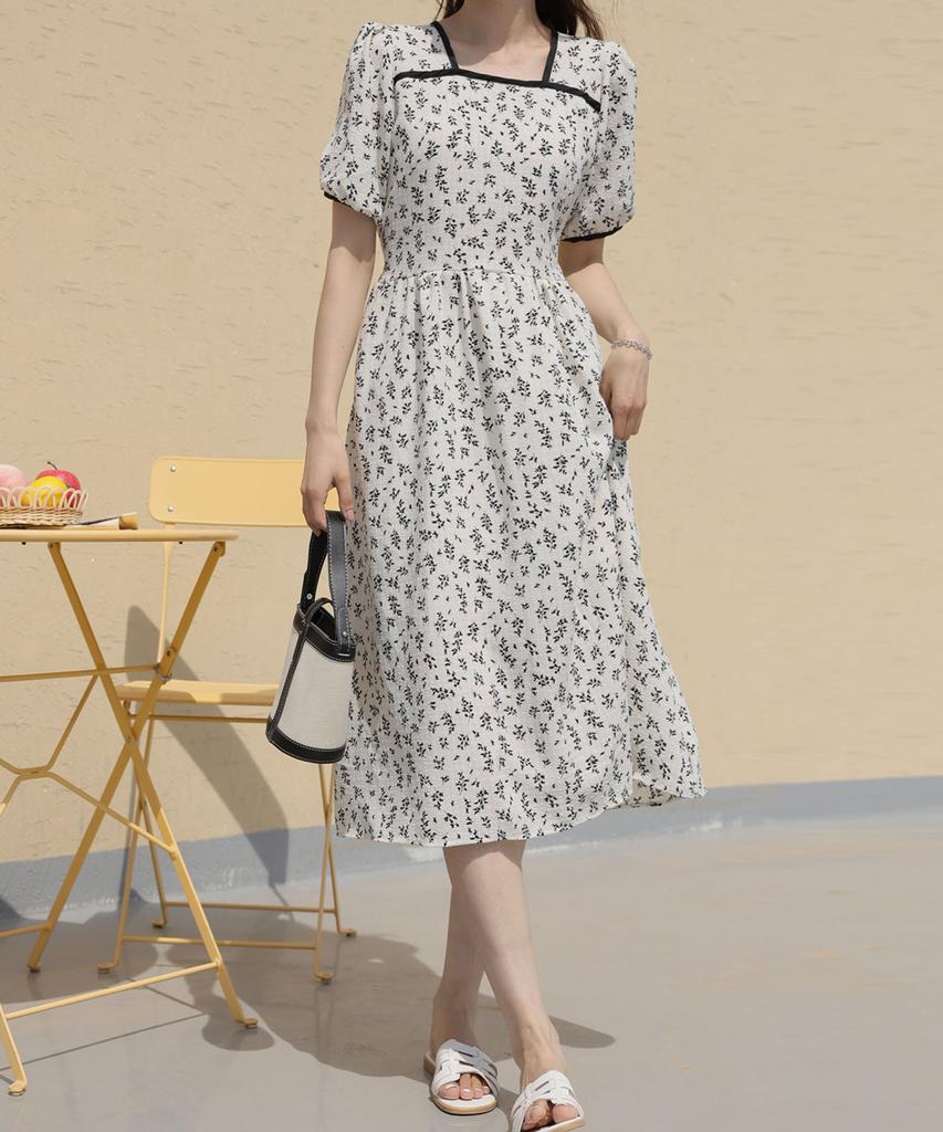 Ppaeppae Square Neck Floral Puff Sleeve Short Sleeve Long Dress