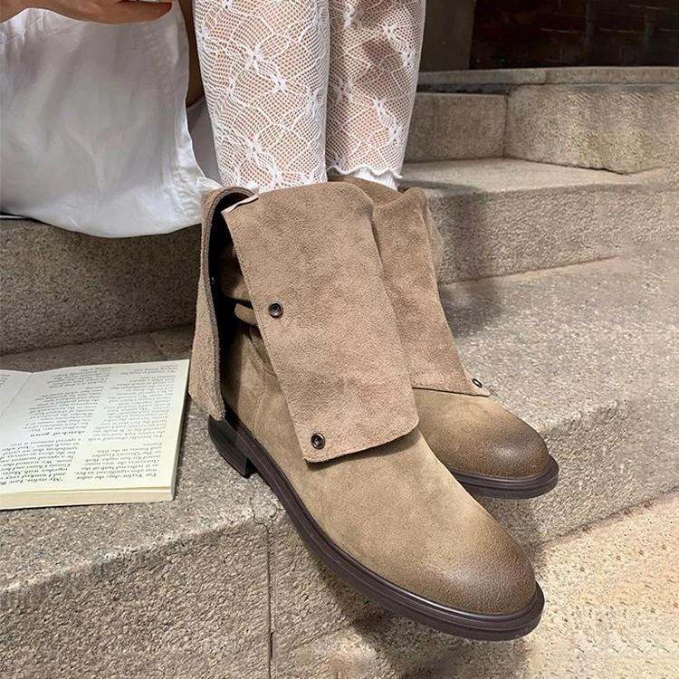 Cowhide version thin pleated piled boots women's boots thick heel retro two wear western boots suede versatile knight boots
