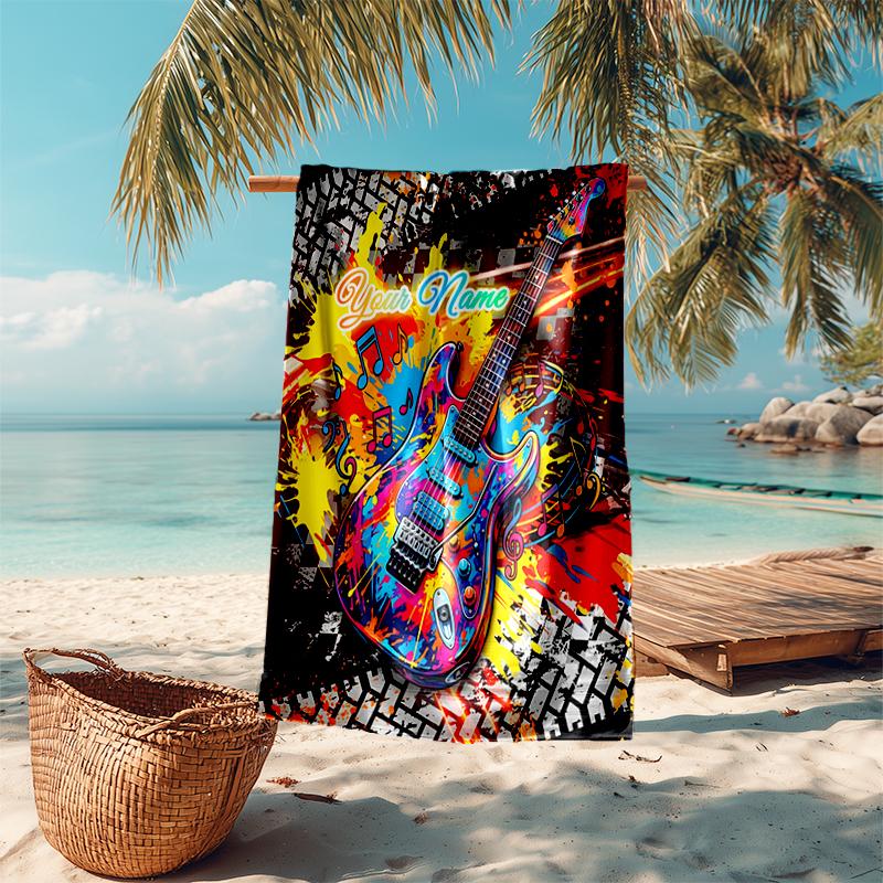 1PC Custom Name Colorful Guitar Artwork Beach Towel Highly Absorbent And Sand-Resistant Towel for Swimming, Pool, Yoga, And Travel Lightweight
