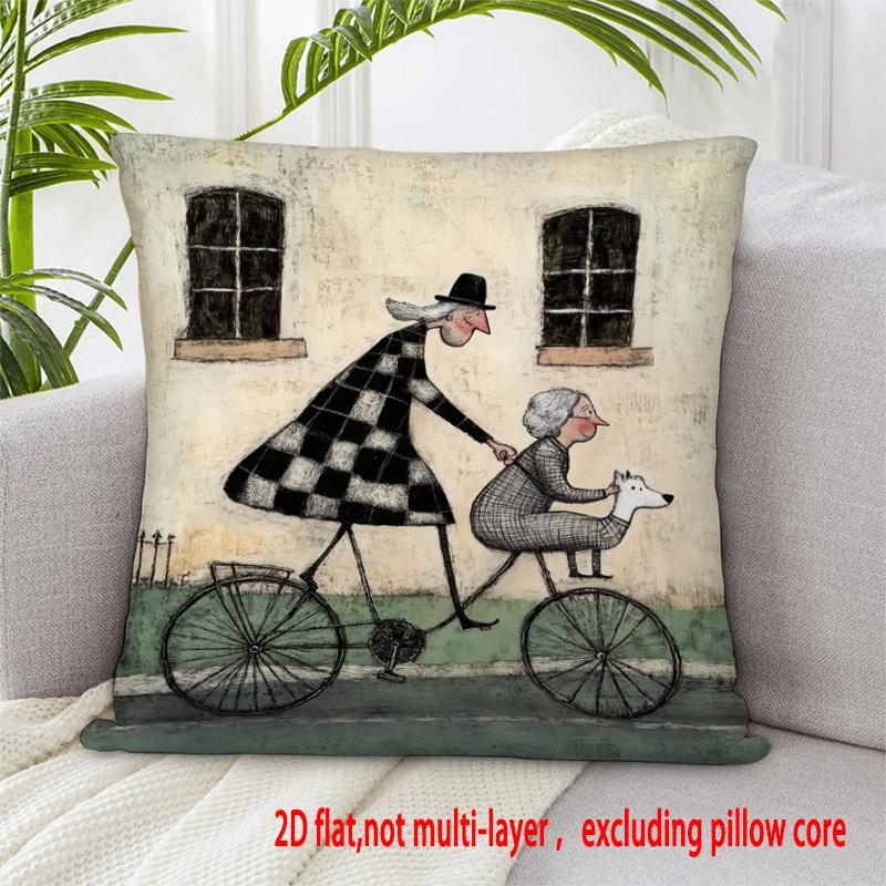 Vintage Couple Bicycle Pillowcase Folk Art Cycling Cushion Cover Retro Woman Man Dog Sofa Decor 40cmx40cm