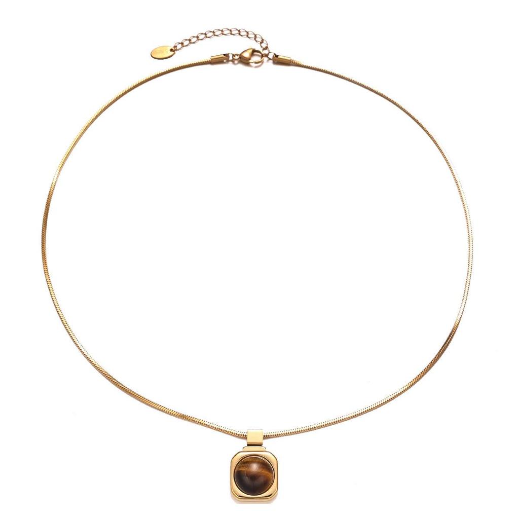 Versatile Retro Chic Titanium Steel Necklace with Natural Tiger Eye Pendant